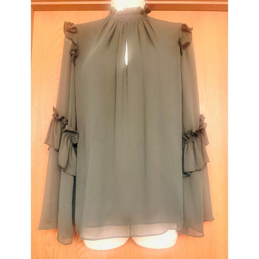 Zara Olive Green Chiffon Romantic Medieval Layered Ruffles Semi Sheer Top XS